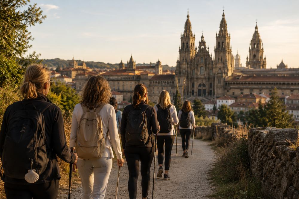 Peregrinas caminando hacia Santiago con la ciudad al fondo