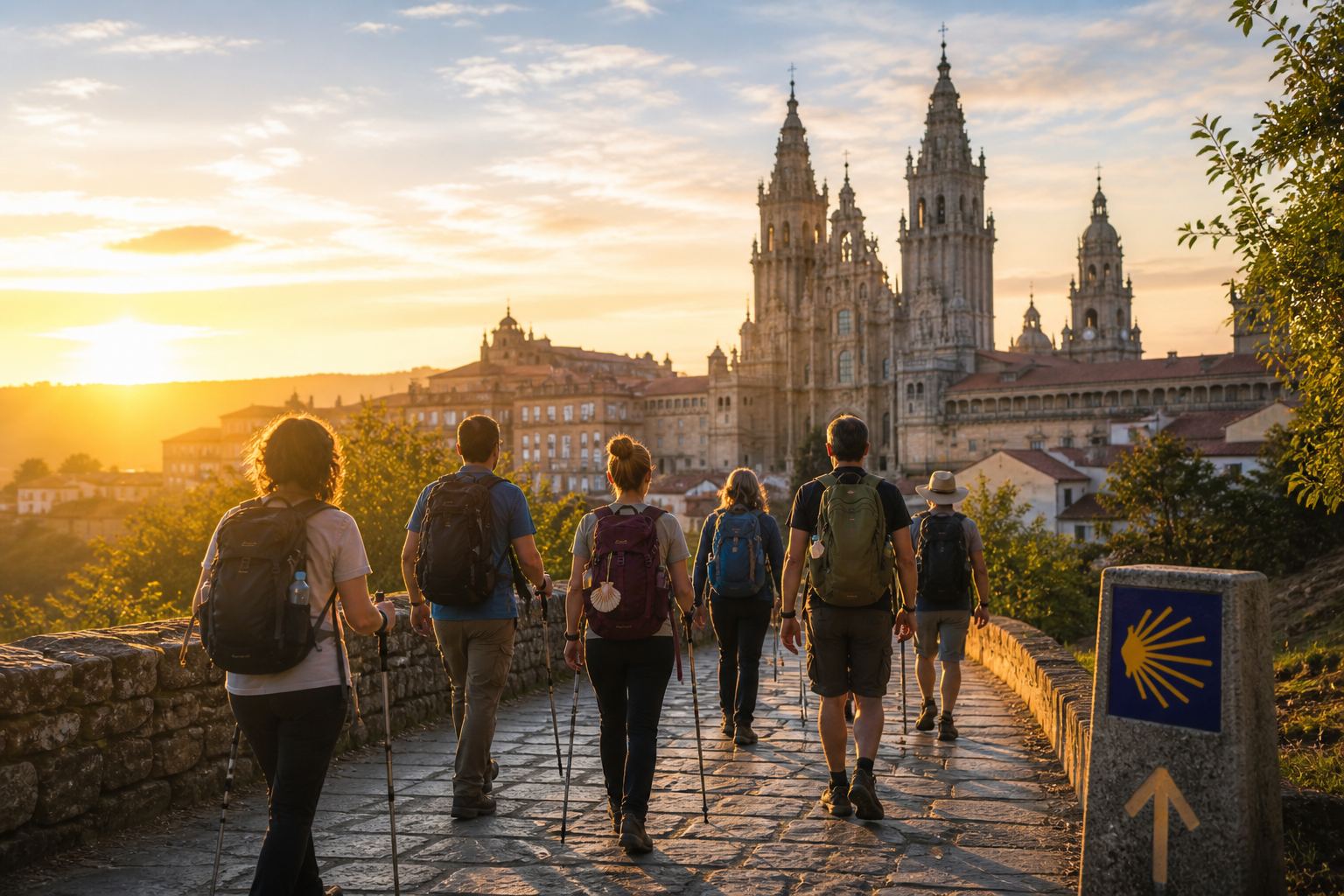 Un grupo de peregrinos llega caminando a Santiago al atardecer, con las torres de la Catedral al fondo