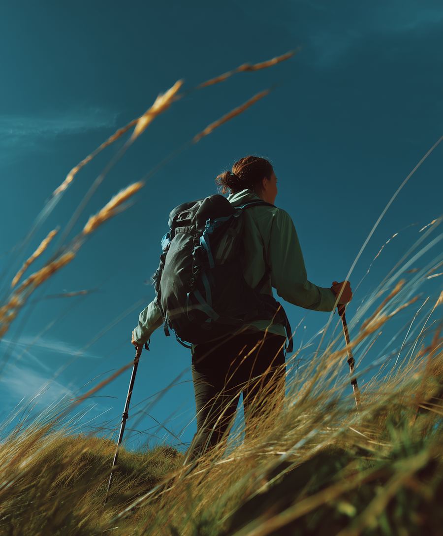 Un caminante con mochila y bastones entre hierba alta