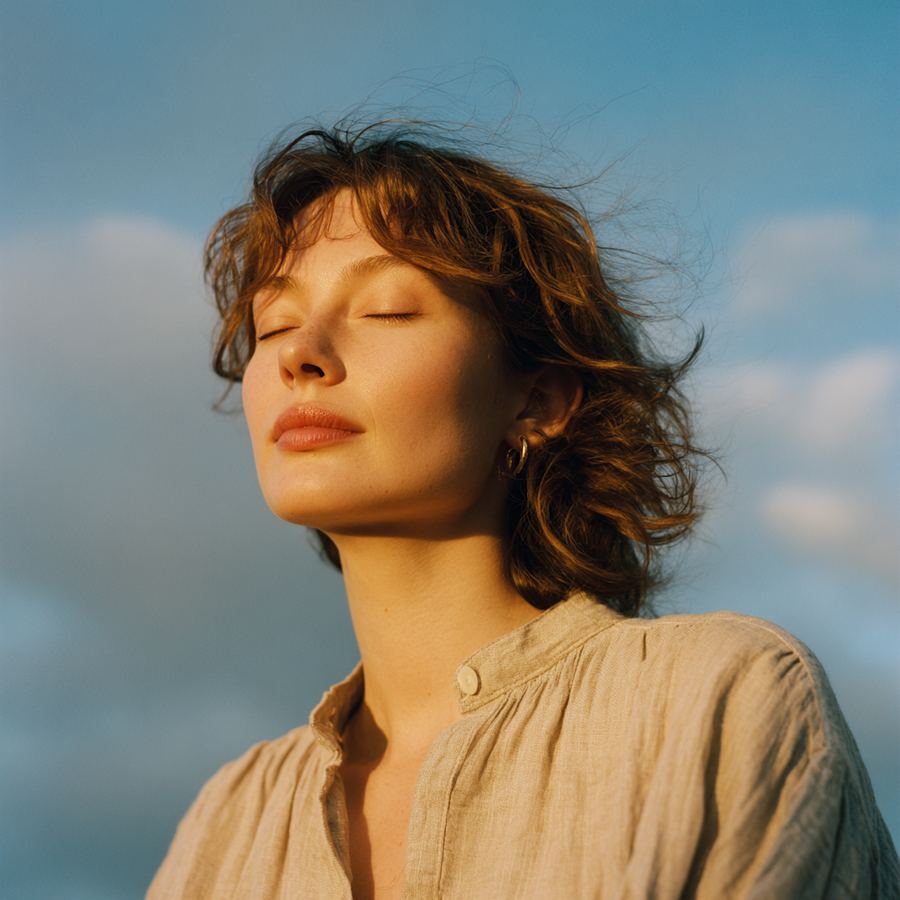 Retrato de una mujer con los ojos cerrados al sol y al viento